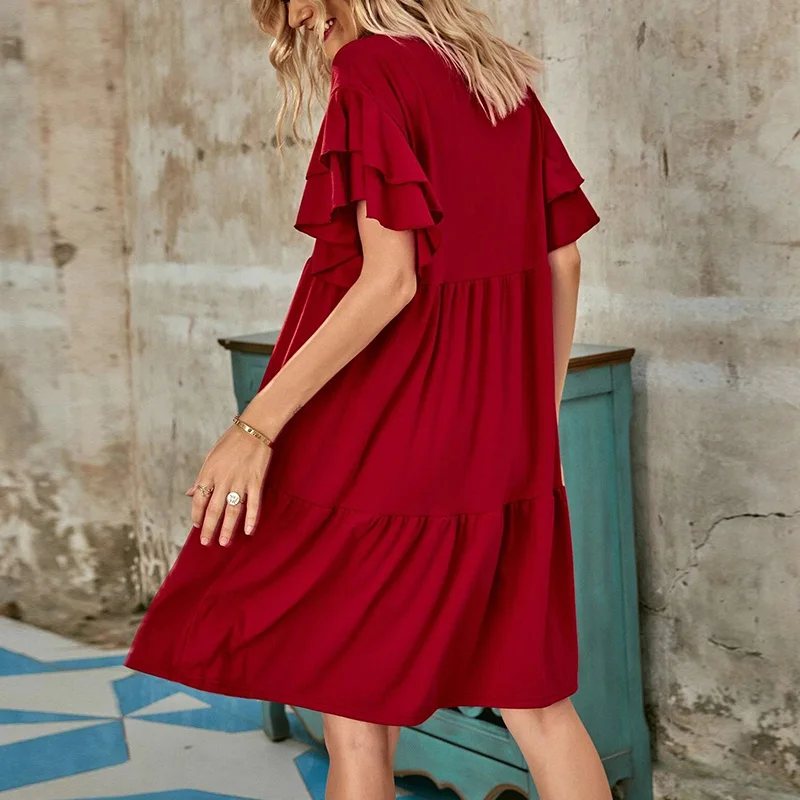 

Fashion Casual Solid Color Round Neck Ruffled Butterfly Sleeve Women Dress Summer Dress Loose Mini Dress Women