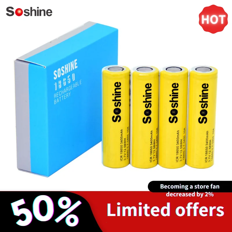 

Soshine 3.7V 3400mAh 18650 Rechargeble Battery Protected High Discharge Li-ion Lithium Battery for Battery Storage Box