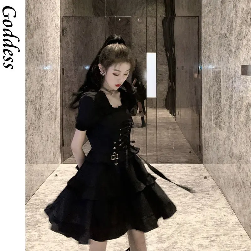 

Vintage Mini Black Dress Square Collar 2021 Sexy Women Designer Short Sleeve Dress Summer Sashes Ladies Clothing Party Y2K Dress