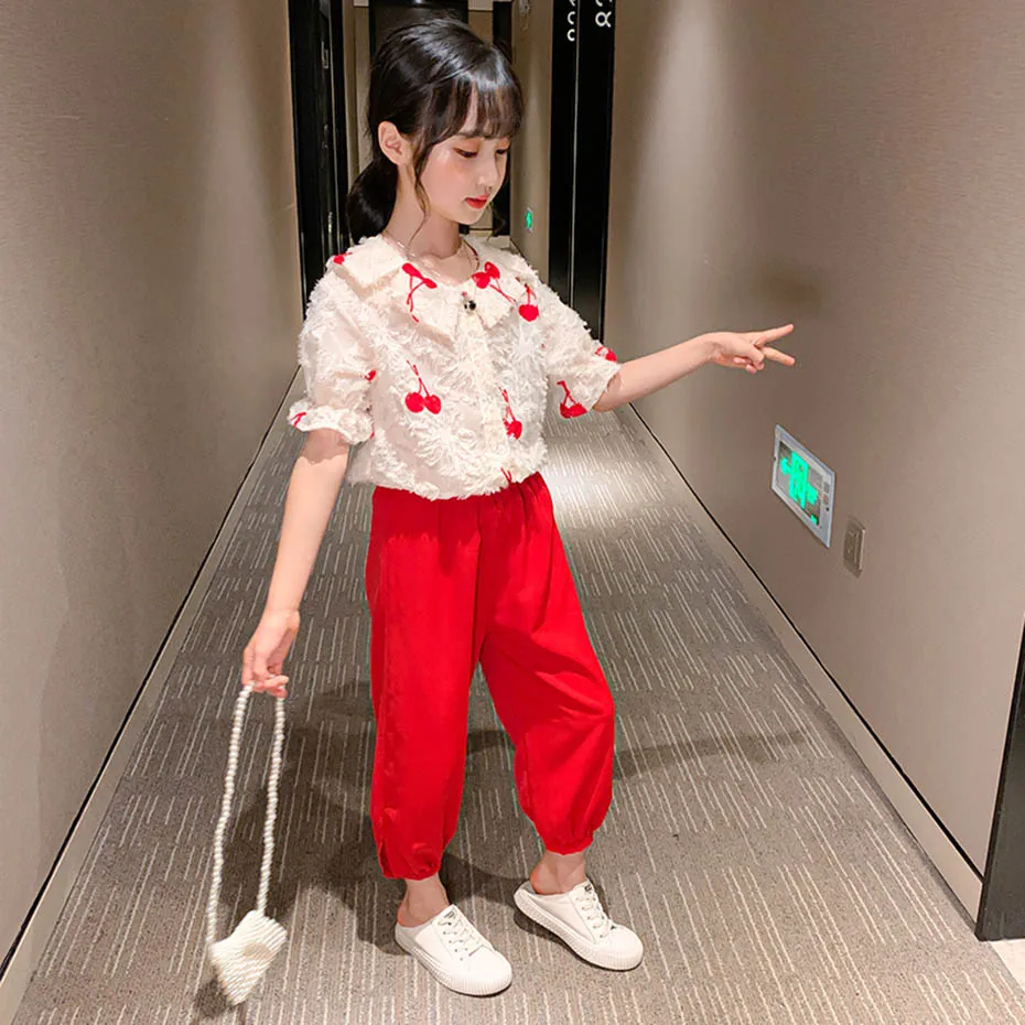 Детская летняя одежда с рисунком вишни для девочек блузка + штаны комплекты