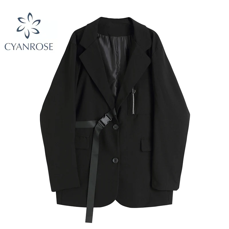 Женский блейзер с карманами черный свободный Готический отложным воротником и