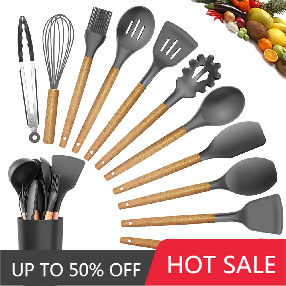 

Лучший силиконовый набор кухонной утвари с деревянной ручкой, шпатель для супа, Женский дуршлаг для макаронных изделий, антипригарная кухо...
