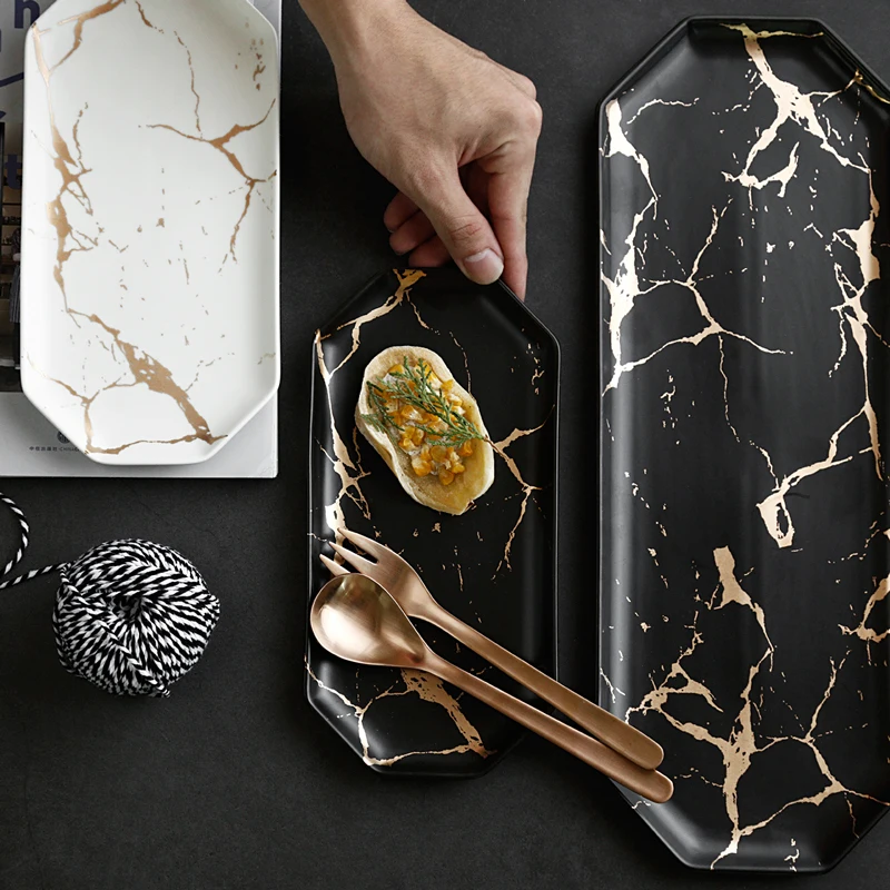 Gold Inlay Marble Plate Dishes Nordic Style Dinner Plate Ceramic Steak Home Tableware Dessert Salad Tray Kitchen Dish