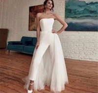 verngo modern white jumpsuit prom outfit with detachable overskirt tulle strapless women formal party dress ankle length garment