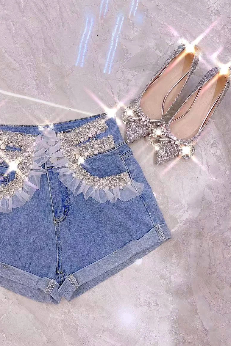 

New Denim Shorts Women's Clothing 2021summer Embroidered Beads High Waist Pants Female Slimming A Line Wide Leg Jeans