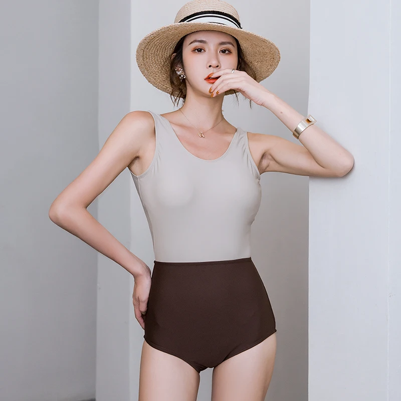 Корейский купальник Женский цельный Лоскутная однотонная пляжная одежда тонкие