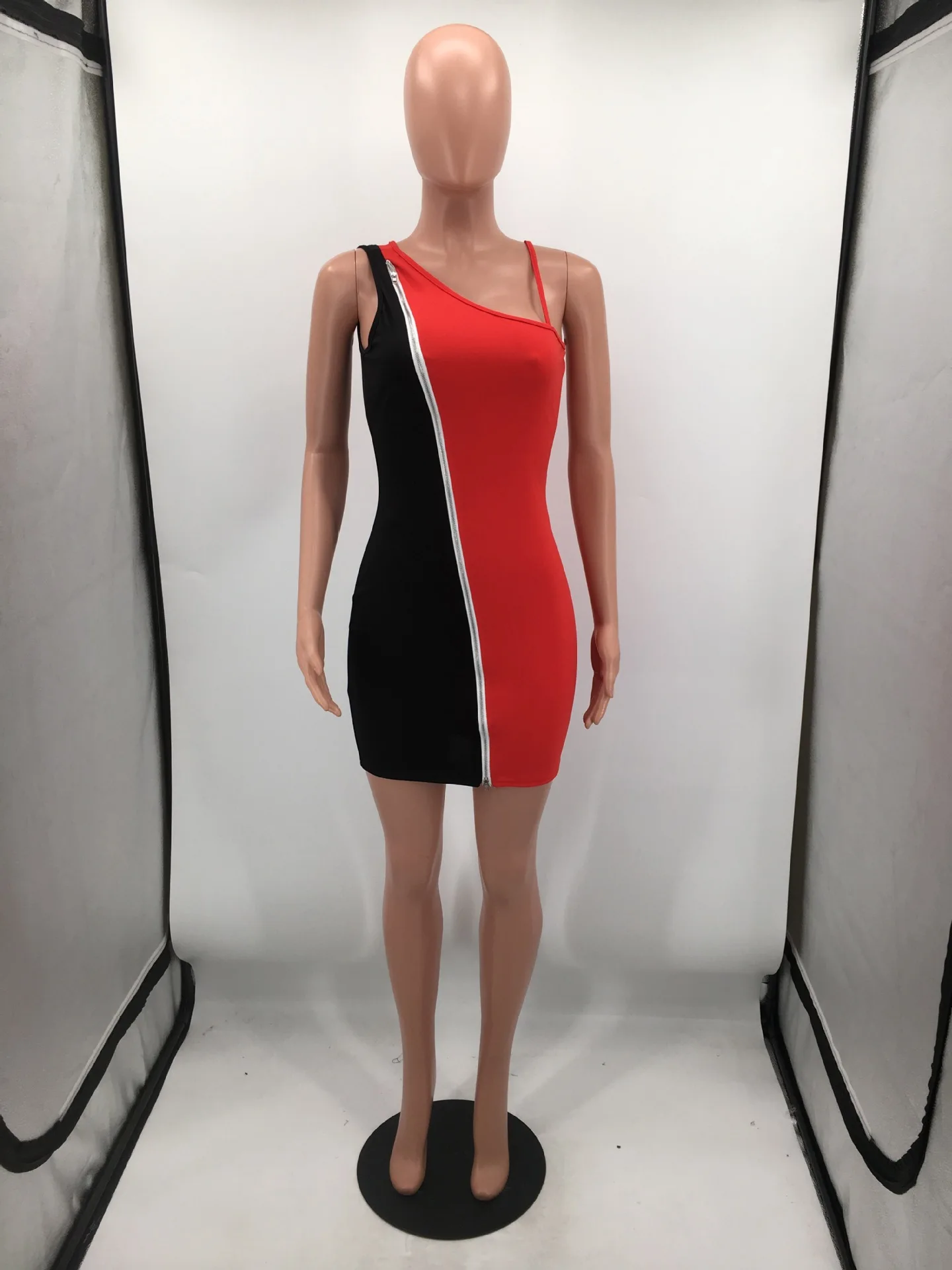 

Sexy Women Dress Hollow Out Color Patchwork Skinny Hollow Out Zipper Up Sleeveless Party Night Dresses For Women Vestidos