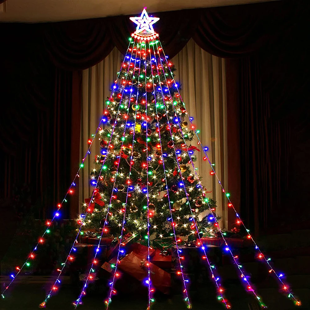 

8 режимов, 317 светодиодов, Сказочная гирлянда на рождественскую елку «Водопад» со звездой, гирлянда, Рождественское украшение, праздничное о...