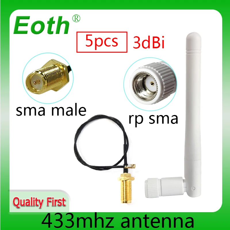 EOTH 5pcs 433mhz antenna 3dbi sma female lora antene iot module lorawan signal receiver antene ipex 1 SMA male pigtail Extension