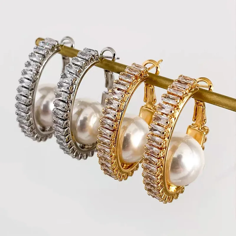 

Fashion Imitation Pearl Wedding Jewelry Elegant Zircnia Crystals Hoop Earrings for Women Patry Dress Accessories