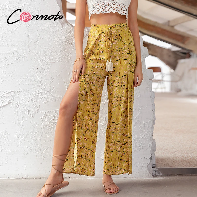 Conmoto Повседневные женские брюки с высокой талией широкие разрезом пляжные штаны