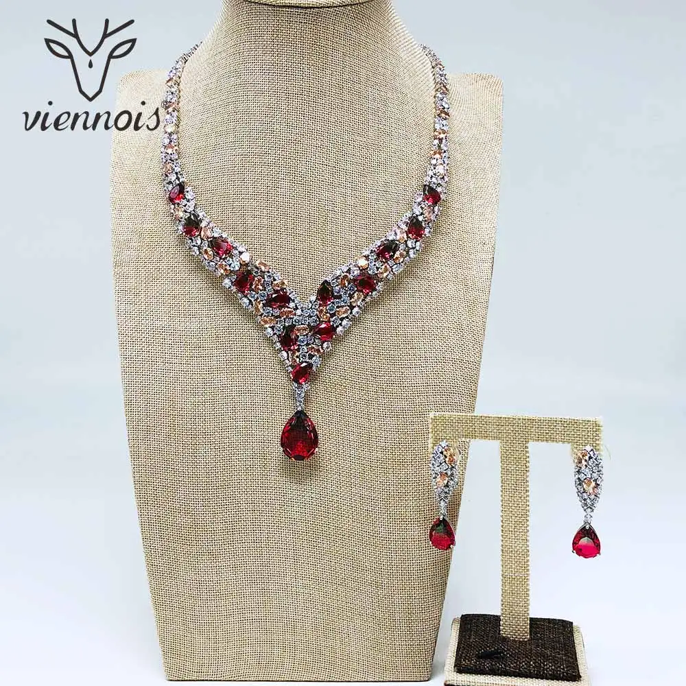 Viennois розовое золото и зеленый и красный цвет Висячие серьги смешанные цвета ожерелье Zricon набор украшений для женщин металлические вечерние ювелирные изделия