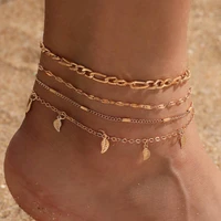 new fashion simple leaf tassel anklet 4 piece multi layer chain anklet for women jewelry ankle bracelets