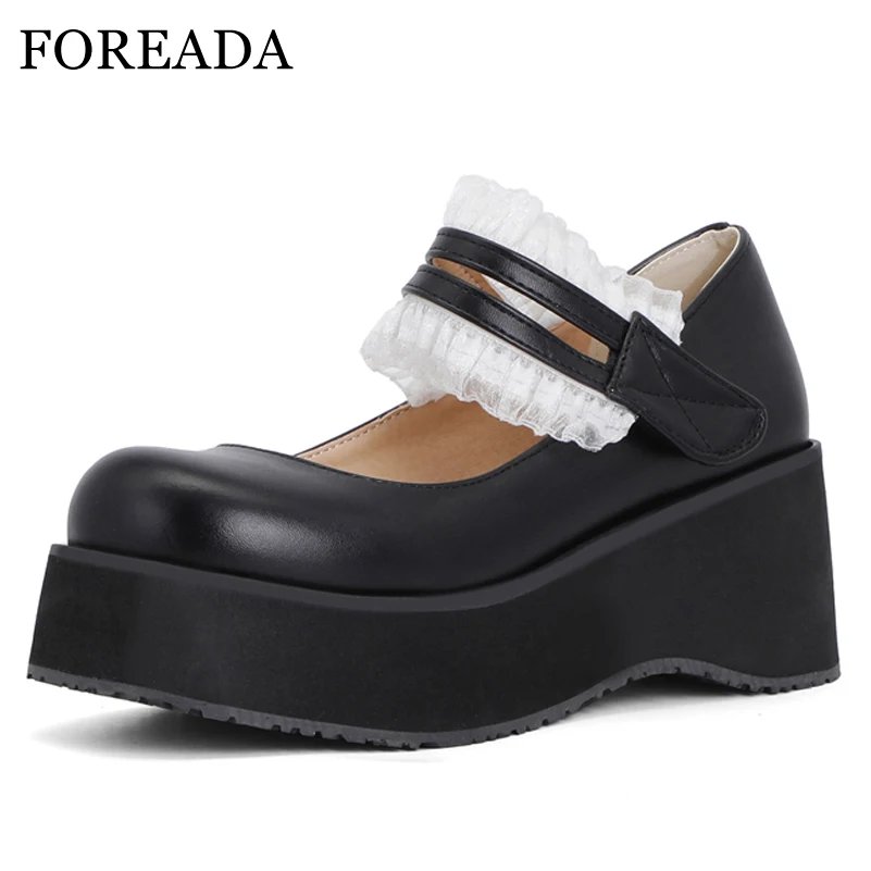 

FOREADA Mary Janes Lolita Shoes PU Leather Platform Wedges High Heels Pumps Round Toe Hook Female Footwear Autumn Black 33-46