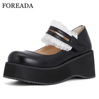 foreada mary janes lolita shoes pu leather platform wedges high heels pumps round toe hook female footwear autumn black 33 46