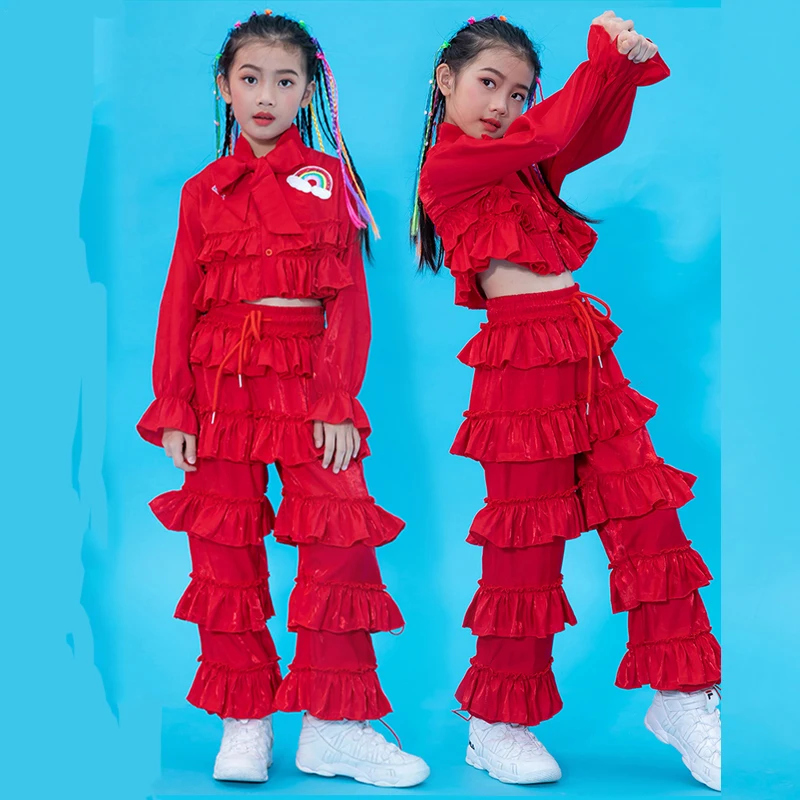 Танцевальные костюмы в стиле хип хоп для девочек детский красный топ брюки