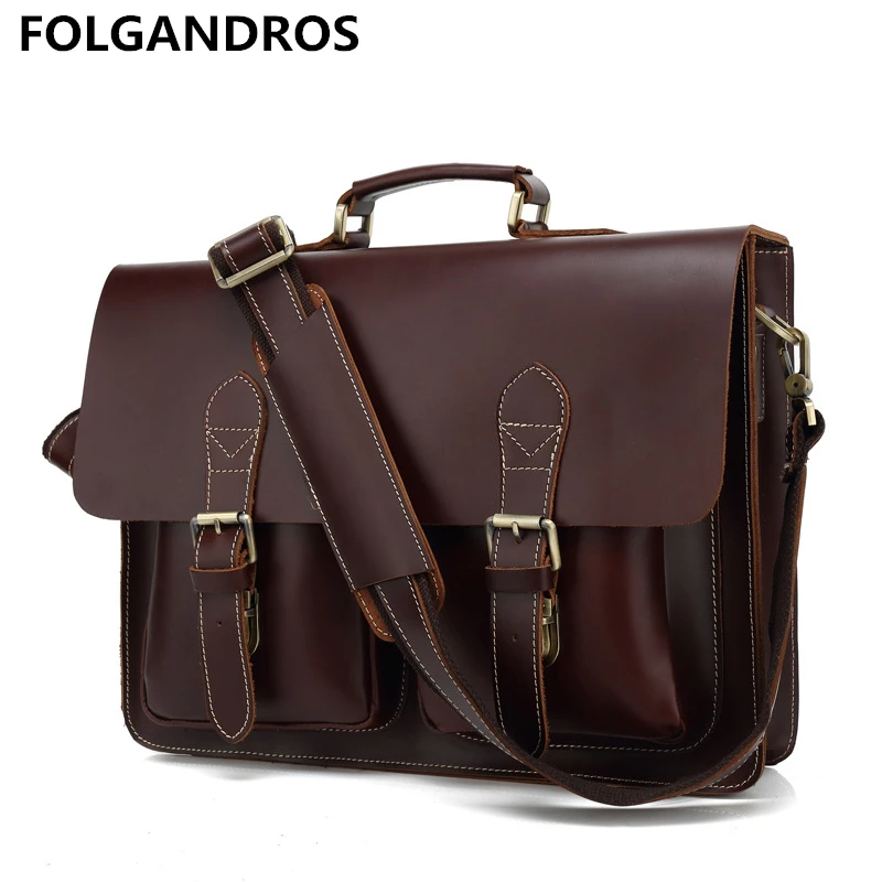 Retro Crazy Horse Leather Men's Briefcase High Quality Genuine Leather16'' Laptop Business Hand bag Cowhide Office Messenger Bag