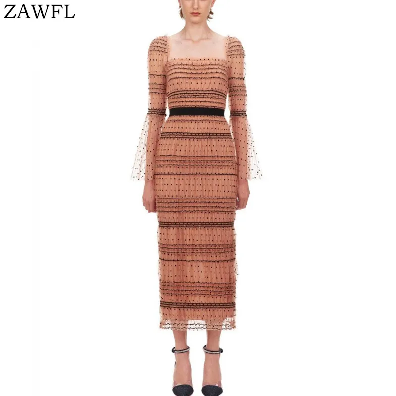 ZAWFL подиумное платье трапеция вечерние с квадратным вырезом в горошек 2021 летнее