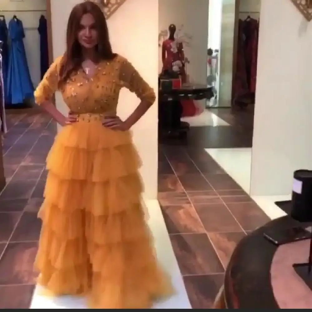 2019 желтое Расшитое бисером платье из Дубаи с коротким рукавом в пол