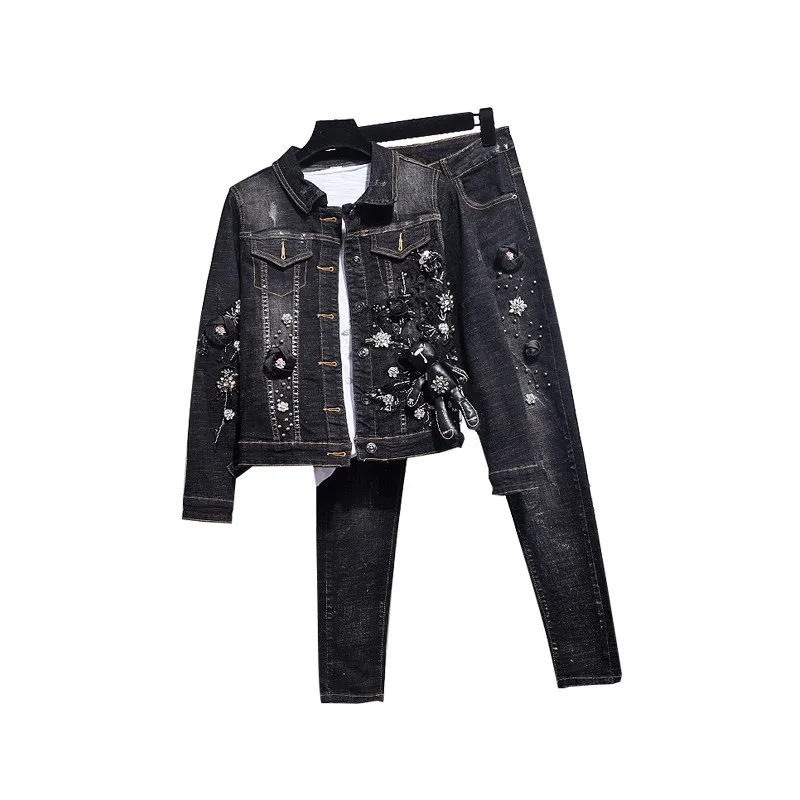 

Boyfriend Style Women Two Piece Denim Jacket Jeans Set Kawaii Cartoon Embroidered Flares Harajuku Outfits Female Slim Punk Sets