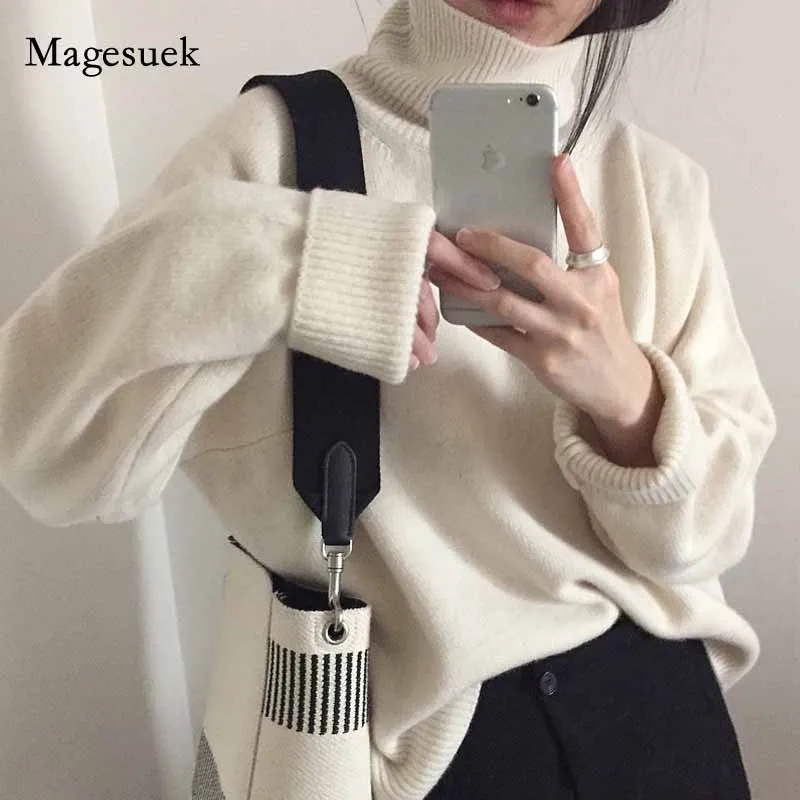 

2020 Autumn and Winter Core-spun Elegant Turtleneck Loose Sweater Pullover Solid Long Sleeve Women Sweaters Pull Femme 10950