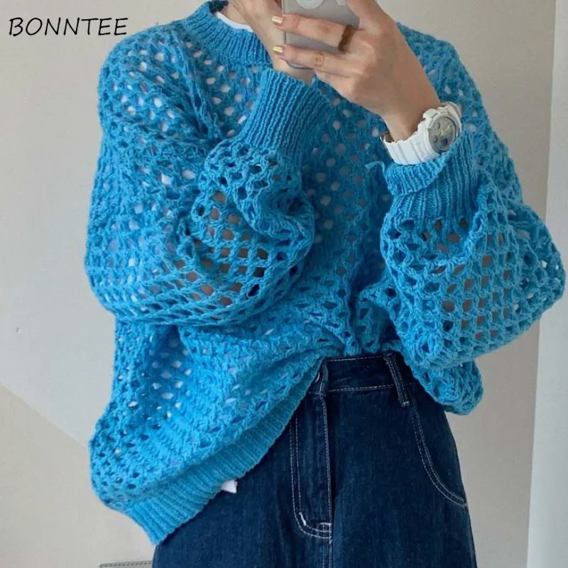 

Пуловеры женские свободные с вырезами, креативный Повседневный вязаный Однотонный свитер в Корейском стиле с круглым вырезом и длинным рук...