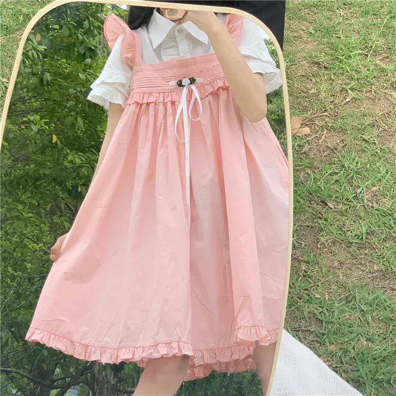 

Japanese Kawaii Pink Sling Women Dress Spring Summer Cute Preppy Style Bow Lace Up Ruffles One Piece Ladies Dresses Vestido 2021