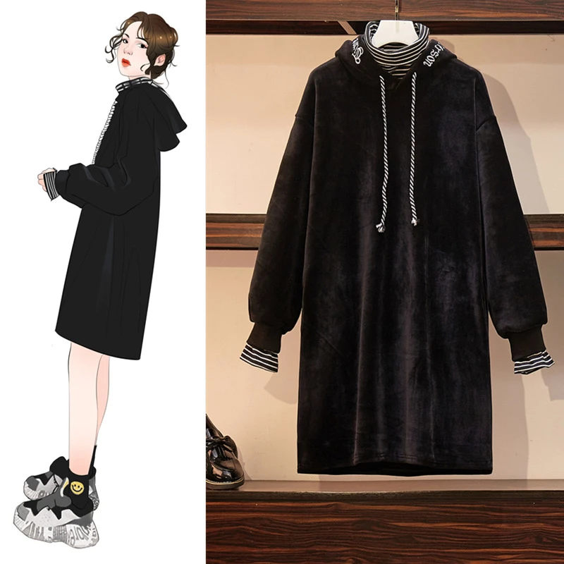 Плюс Размер Женская зимняя Толстая Повседневная Толстовка с капюшоном Черное