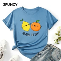 jfuncy lady tops summer cotton woman graphic tee shirts lemon orange print female tshirt large size harajuku women clothes