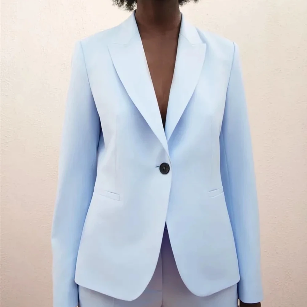 

Oversized Menswear Style Woman Blazer 2021 Summer Blue Lapel Long Sleeve Blazer Casual Pocket Button Loose Blazers Women Coat