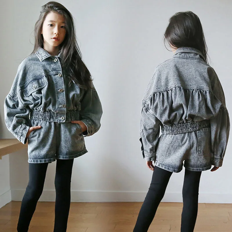 Модная Осенняя коллекция 2019 года детские джинсовые куртки из 2 предметов пальто