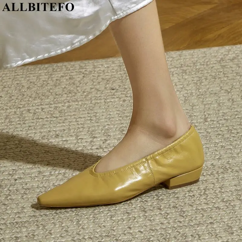 

ALLBITEFO size 34-42 wrinkle design comfortable genuine leather women heels shoes fashion girls low heel shoes office work shoes