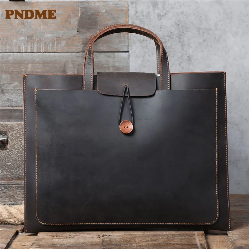 PNDME retro crazy horse cowhide men briefcase minimalist natural genuine leather laptop handbag business simple A4 file package