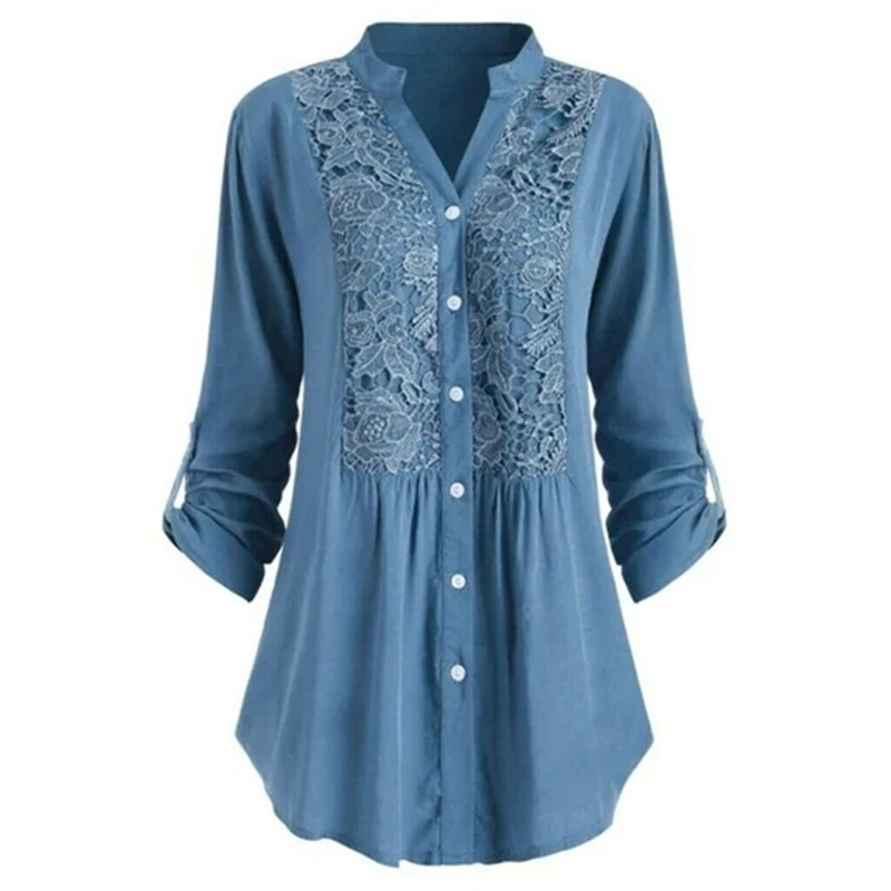 

Women Tunics Solid Color Lace Splicing Casual Office Blouses Stand Collar Long Sleeve Fashion Loose Cotton Shirts Vintage Tops