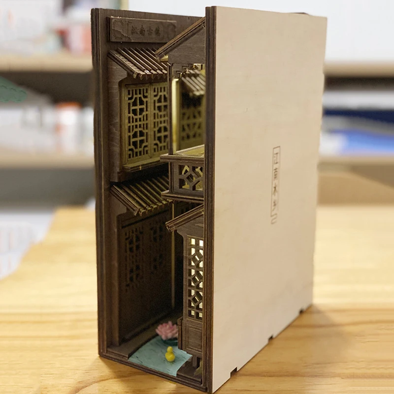 

New DIY Book Nook Wooden Bookend Jiangnan Water Alley Bookshelf Insert Bookcase Craft Home Decor Toy for Birthday Gift