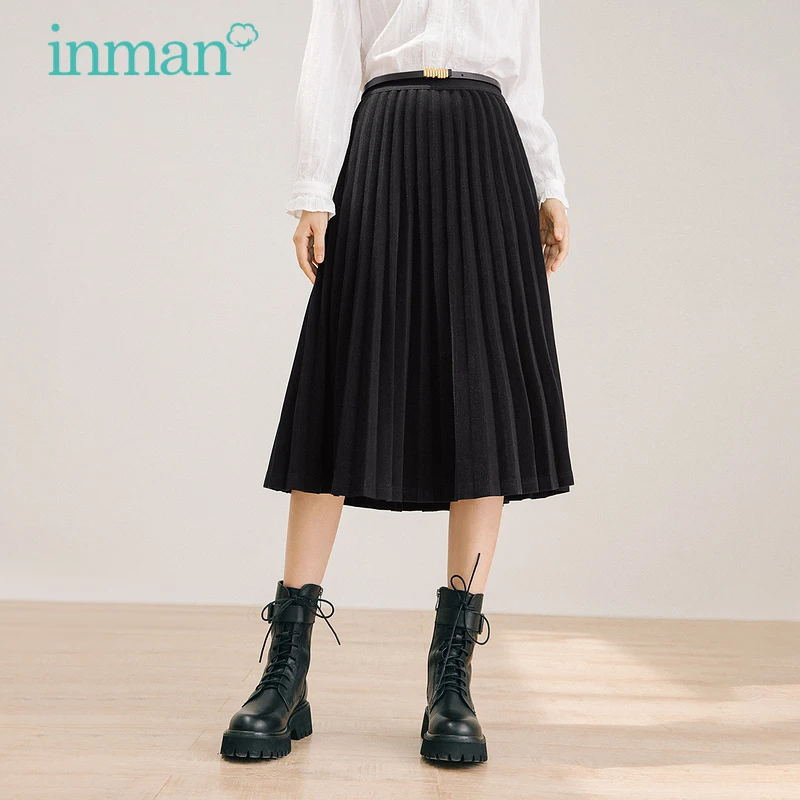 

INMAN Women's Skirt Autumn Winter Vintage Literary Pleated Rubber Band Middle Waist A-Line Female Bottoms