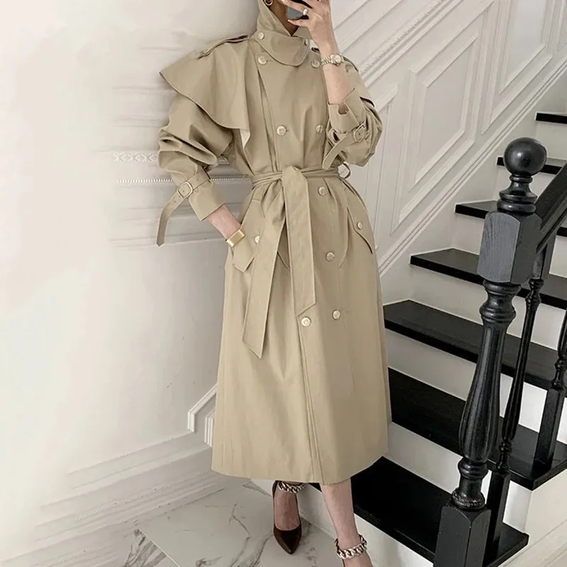 

Solid Trench Coat For Women Lapel Collar Long Sleeve Sashes Loose Coats Female Korean Fashion Clothing 2021 New Autumn