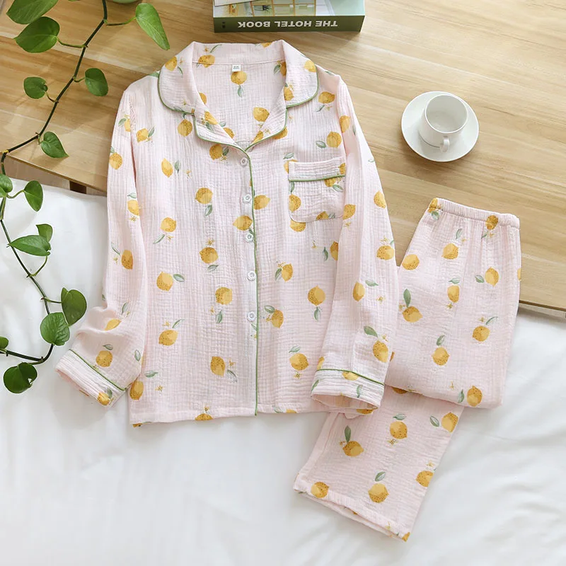 

New Spring And Summer Pajamas Ladies Cotton Crepe Cloth Long-sleeved Trousers Pajamas Set Spring And Autumn Women's Home Service