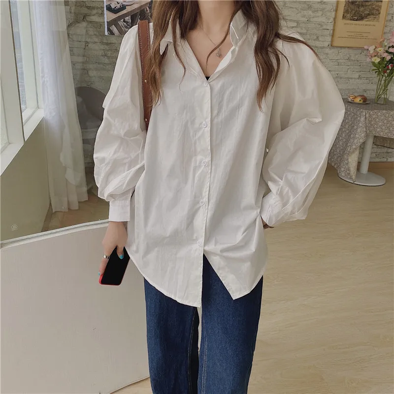 

Женская блузка, однотонная Корейская Свободная Повседневная рубашка с длинными рукавами-фонариками в стиле Харадзюку, модные женские руба...