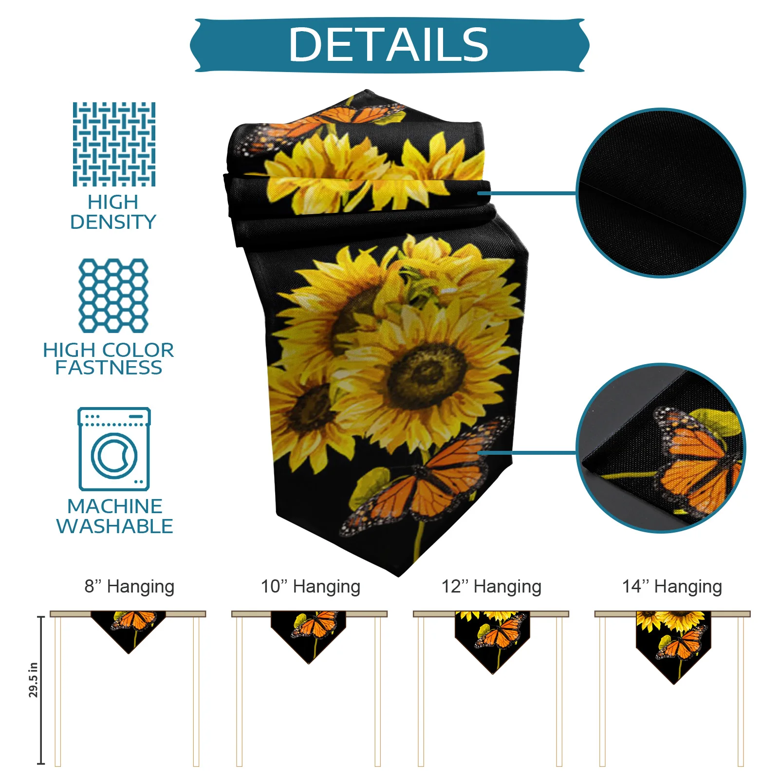 Черная скатерть с изображением подсолнуха и бабочки Набор салфеток для