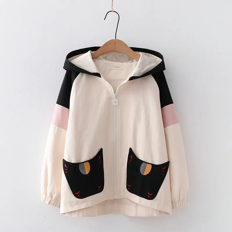 YUPINCIAGA Women Funny Embroidery Jackets 2020 Autumn Long Sleeve Patchwork Pockets Girls Casual Thin Zip Up Outerwear Coats