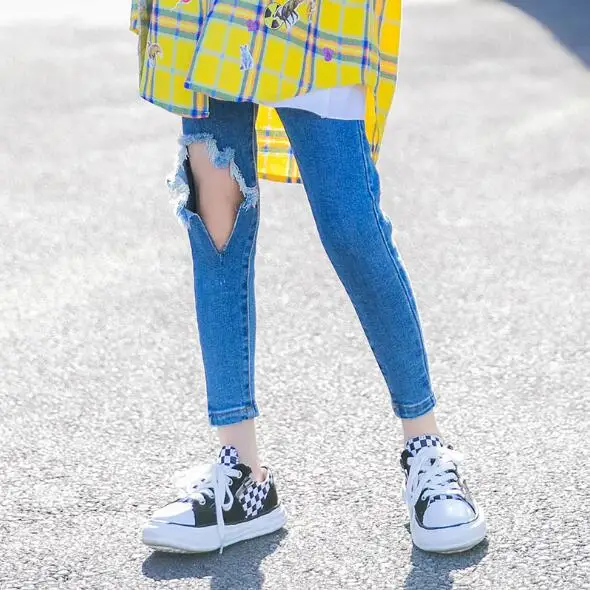 

Cultiseed Girls Ripped Hole Skinny Denim Jeans Pants Big Children Girls Autumn New Long Trousers Kids Solid Color Party Pants