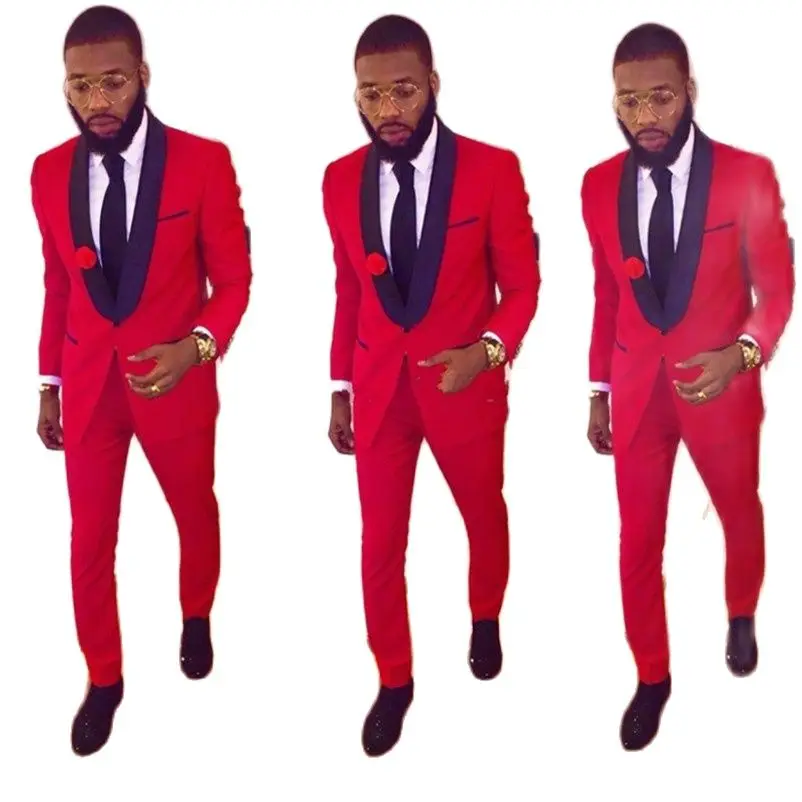 

Custom Made Slim Fit Red Groom Tuxedos With Black Lapel Best Men's Wedding Prom Suits Groomsman Tuxedos (Jacket+Pant)