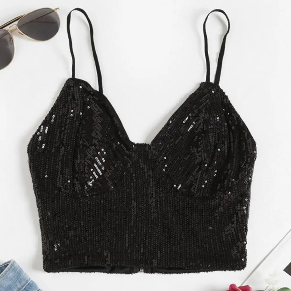 Кроп Топ для женщин майки блестящие на бретельках женские сексуальные Sparkl Cami