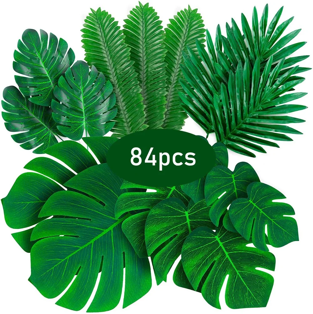 

84 Pcs 6 Kinds Tropical Plant Jungle Leaf Artificial Palm Leaves with Stems Decoration for DIY Garden Home Hawaii Beach Party