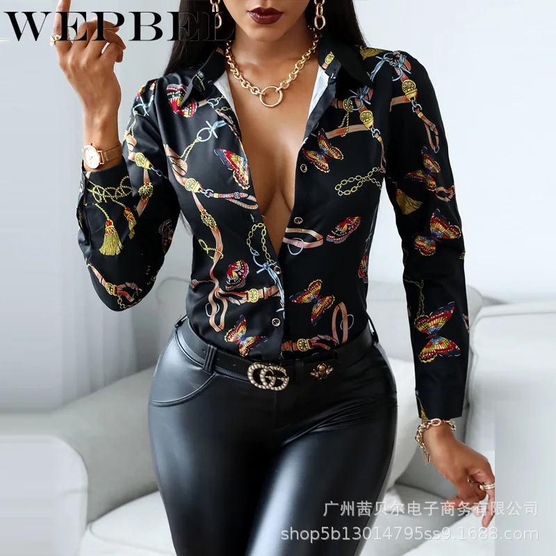 

Mandylandy Women Elegant Spring Autumn Butterfly Print Shirt Top Lady Long Sleeve Turn Down Collar Loose Blouse