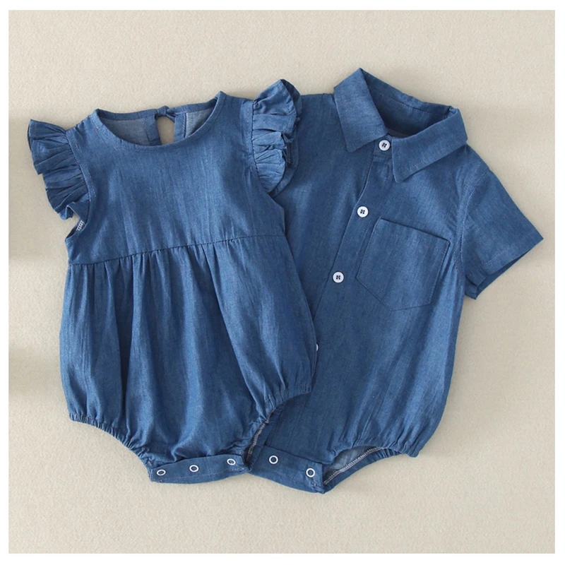 

for new born Men and women newborn baby shirt collar flying sleeve denim bodysuit Baby triangle romper sets for baby