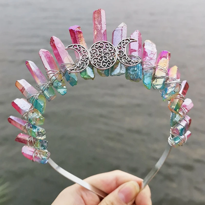 

Multicolor Raw Crystal Quartz Headband Crown Boho Hollow Out Metal Moon Tiara Hair Hoop Women Bride Wedding Headdress
