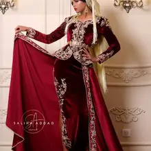 Karakou современный Бургундия бархат выпускного вечера Формальные платья с верхней юбкой Золотое кружево аппликация длинный рукав в арабском стиле вечернее платье