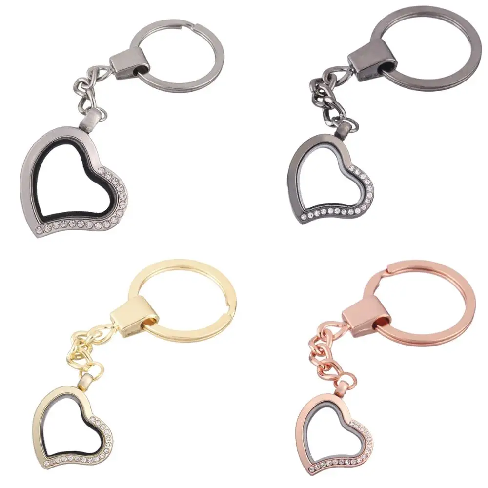 10Pcs/lot Trendy Heart Love Memory Relicario Pendant Key Ring Floating Living Medaillon Locket Keychains Jewelry Making